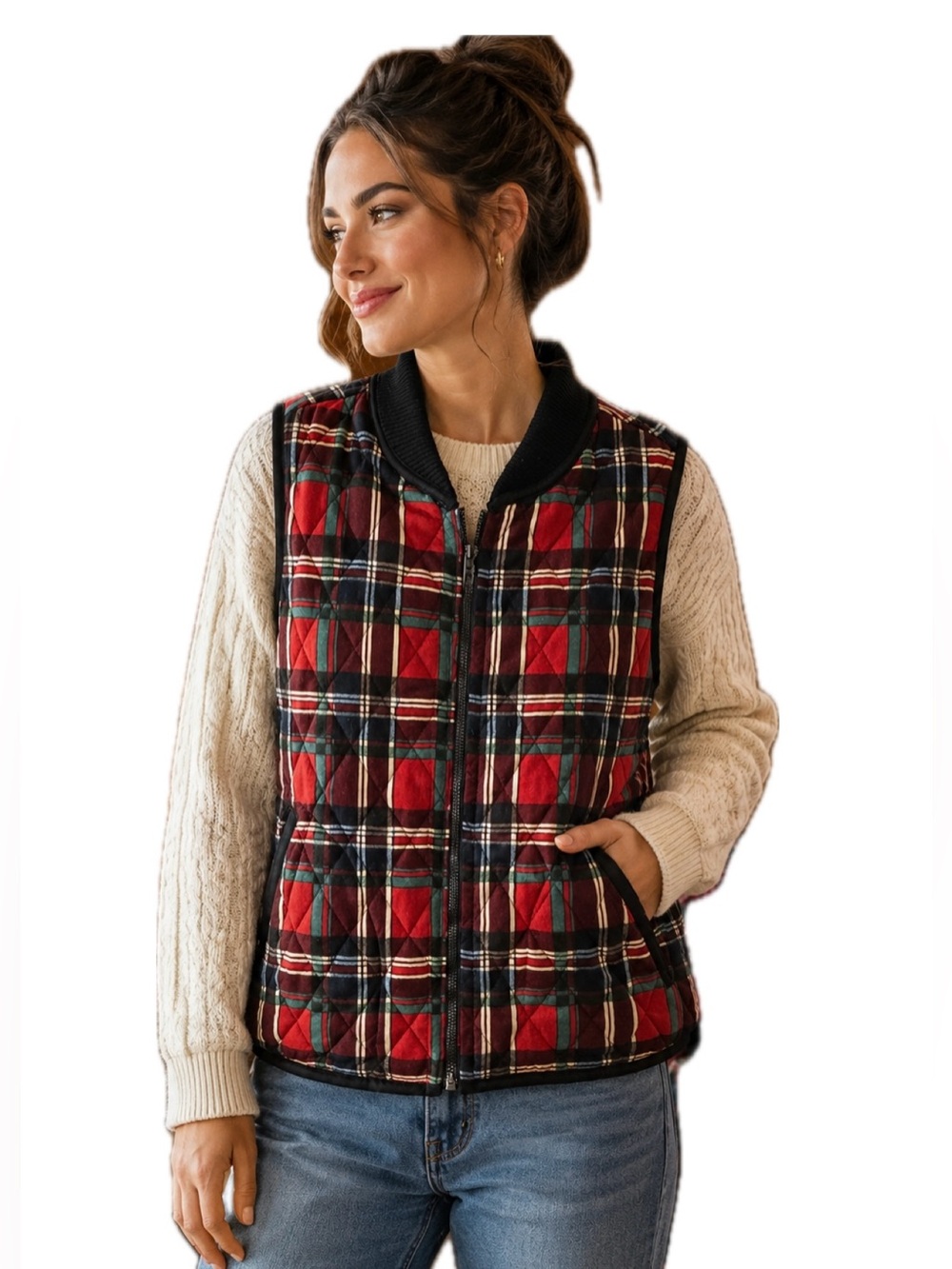 ENTRO Red Green Plaid Quilted Puffer Vest Zip Front Size S